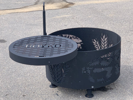 36” round fire pit with 28” 360’ swivelling grill (heavy duty)